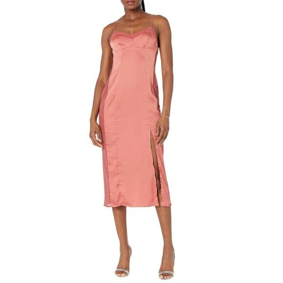 Free People City cool Midi Dress Size M Peach Venetian red Mauve satin slip mesh - Picture 1 of 11